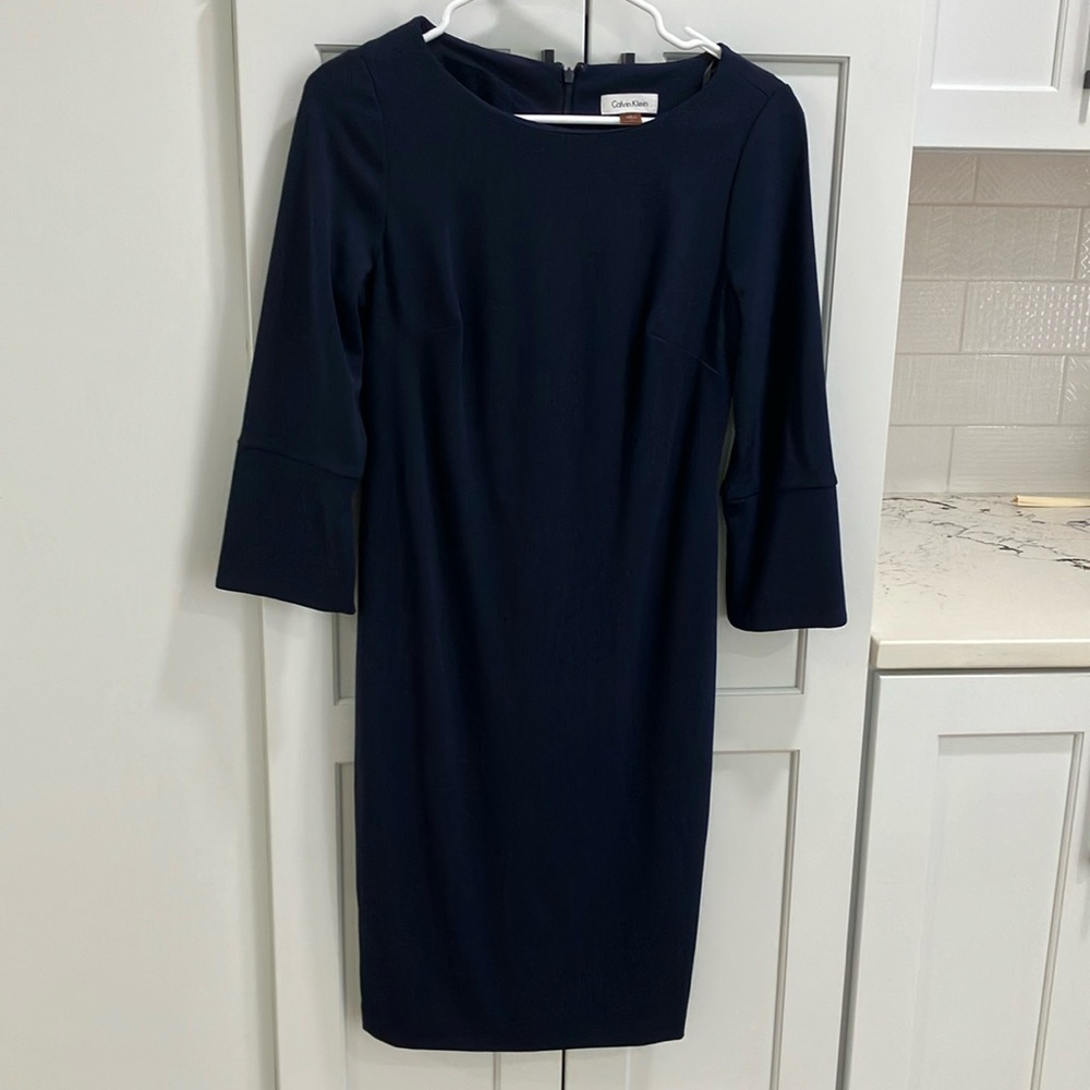 Calvin Klein Women's Solid Navy Blue Polyester Formal Long Sleeve Midi Dress